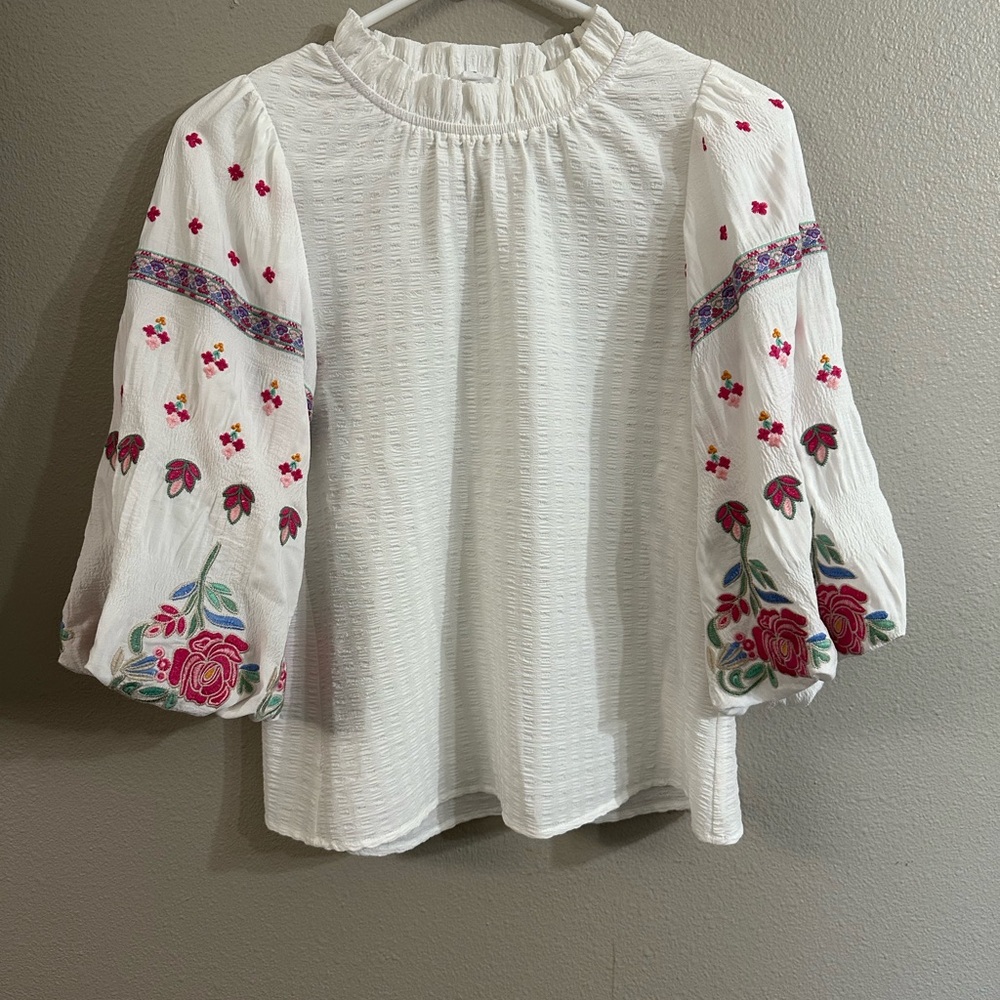 THML White Blouse with Pink and Red Floral Embroidery